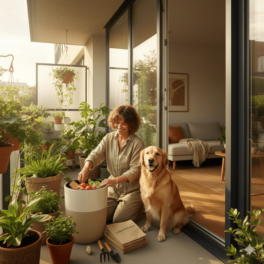 Dog and owner managing a small indoor compost bin on a balcony with plants, decomposing dog waste eco-friendly way