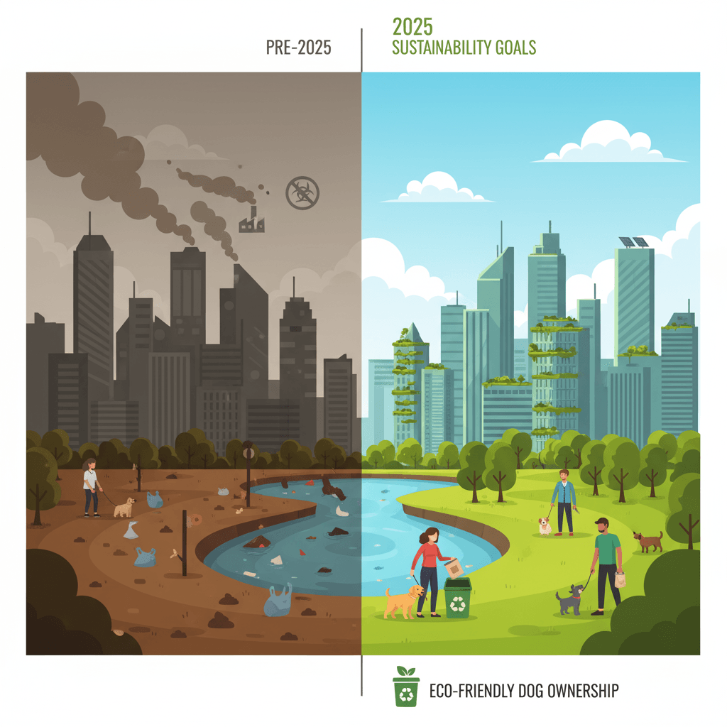 Split view of a city showing one side polluted with waste and smog, and the other side lush, green, and clean with parks