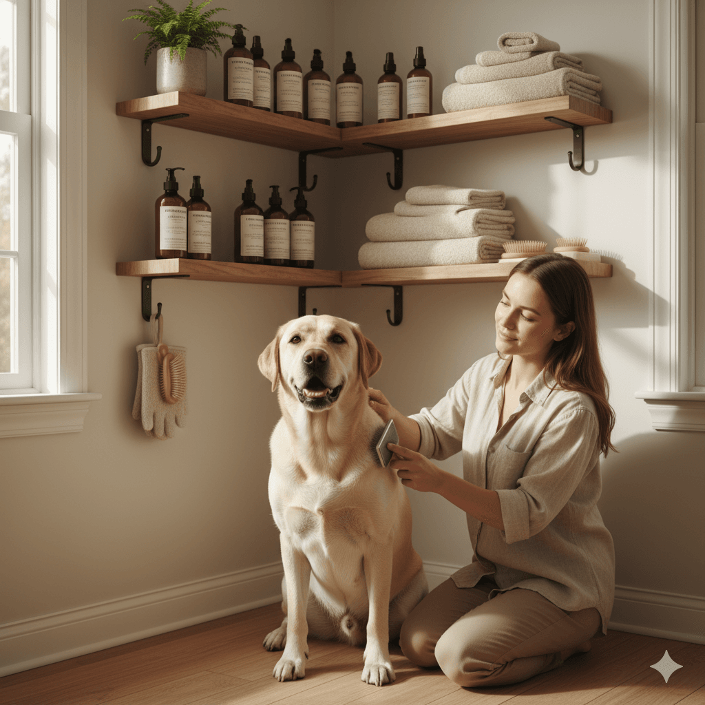 Dog grooming corner with wooden shelves holding eco-friendly shampoo bottles and reusable towels for sustainable pet care.