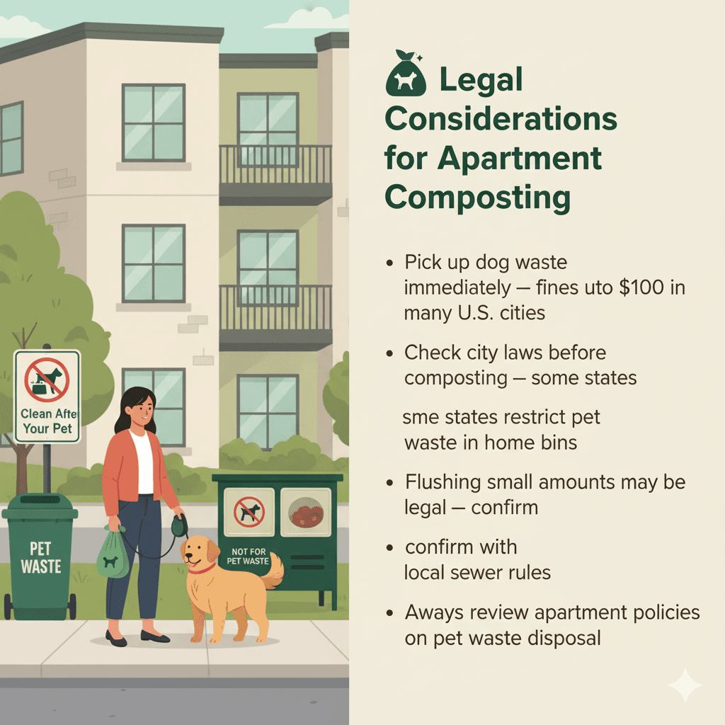 Dog owner in a city apartment area holding a biodegradable poop bag near a “Clean Up After Your Pet” sign