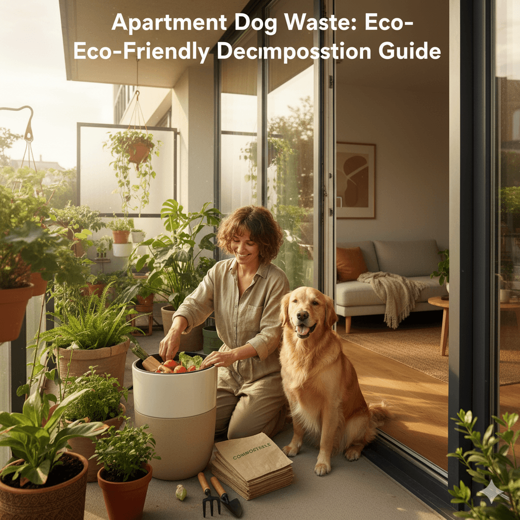 Dog and owner managing a small indoor compost bin on a balcony with plants, decomposing dog waste eco-friendly way