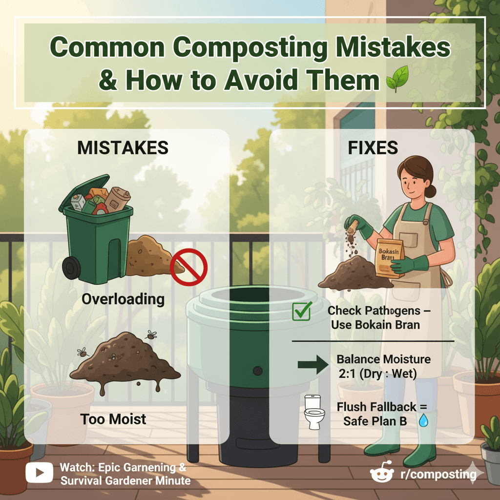Eco infographic showing dog waste composting mistakes and fixes in a green apartment setting