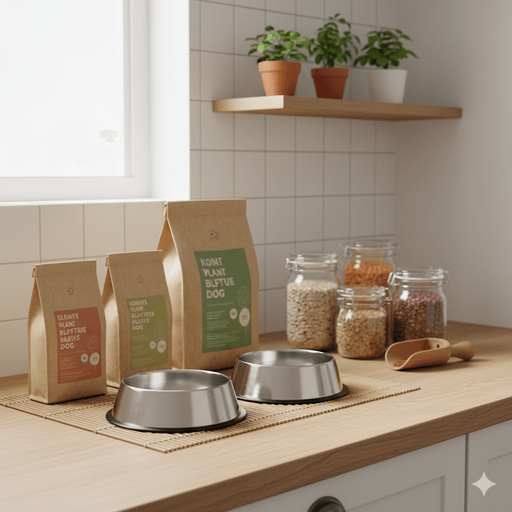 Eco-conscious pet feeding setup featuring reusable bowls and plant-based dog food bags promoting sustainable pet care.
