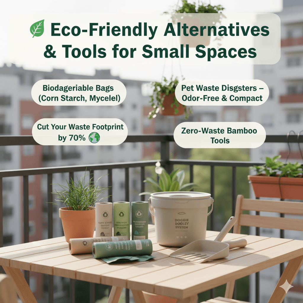 Eco-friendly dog care tools with biodegradable bags and waste digester