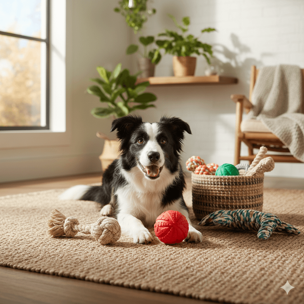 Eco-friendly dog toys made from natural rubber, hemp, and recycled fabric promoting sustainable play.
