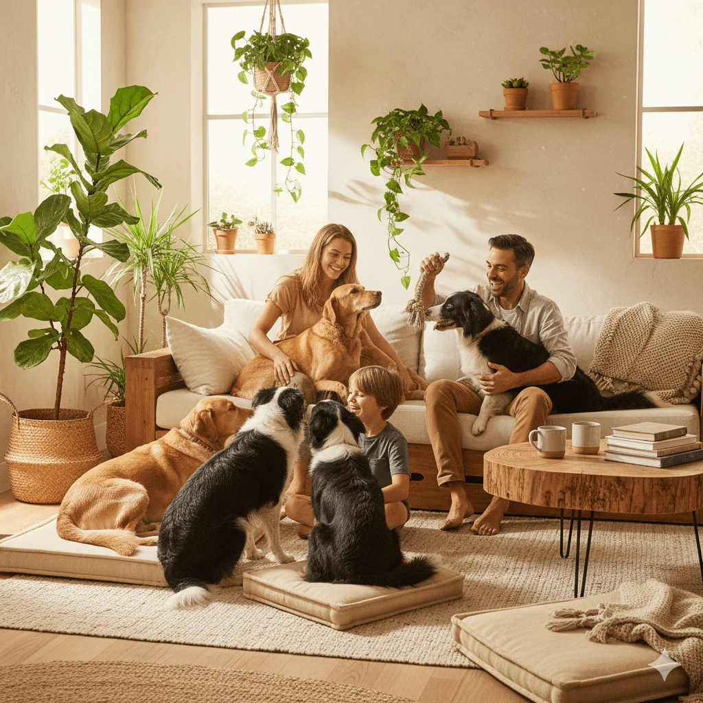 Happy family with two Labrador Retrievers and three Border Collies in a cozy, eco-friendly home, showcasing sustainable living with pets.