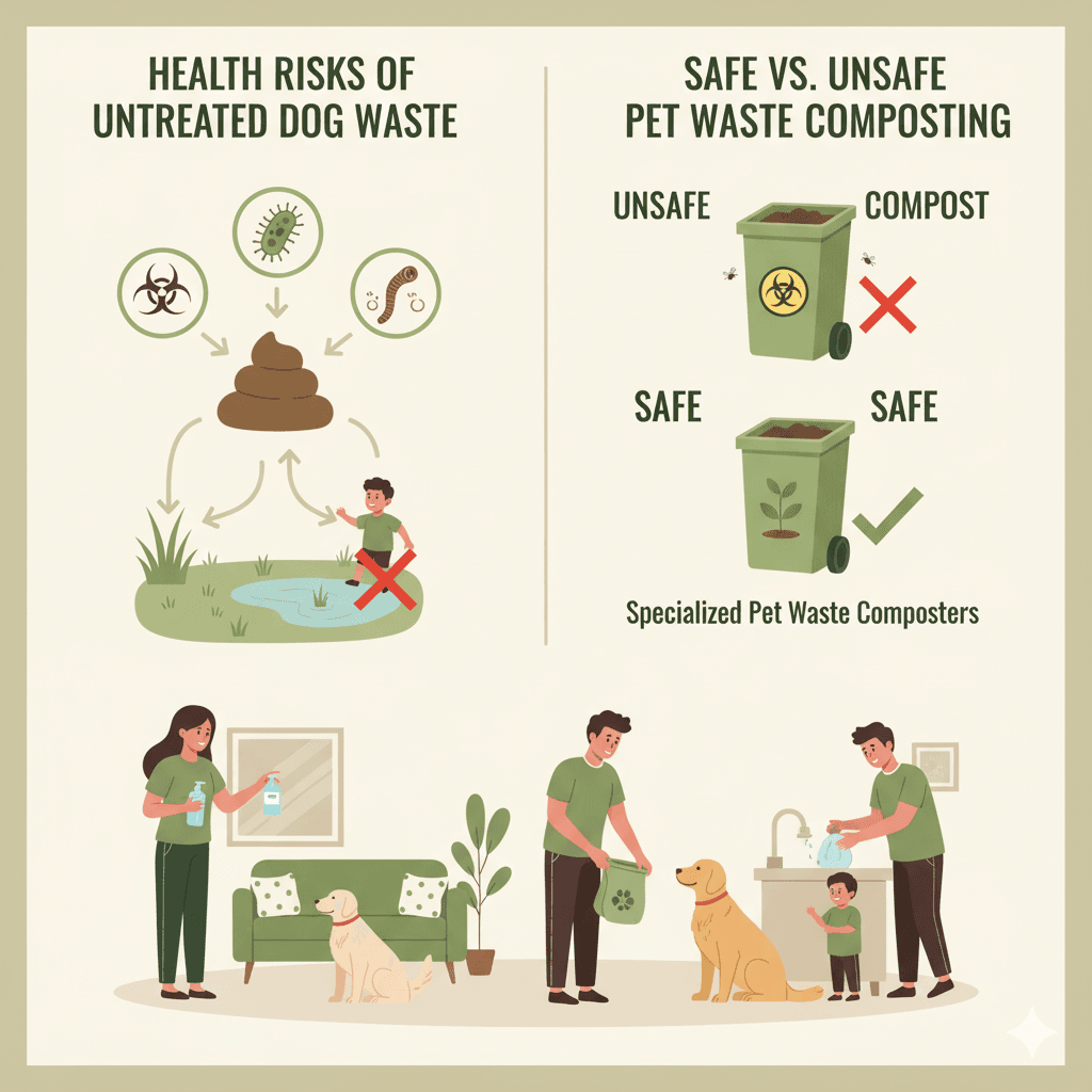Health risks of untreated dog waste showing bacteria icons with a comparison between safe and unsafe compost methods