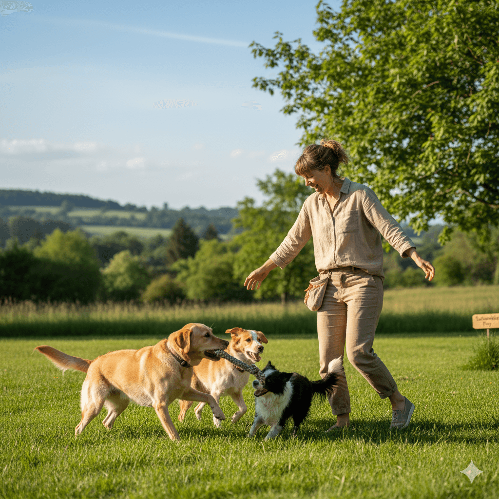 Labrador and Border Collie playing on lush green grass with eco-conscious owner holding reusable bags and sustainable pet accessories, promoting green dog parenting.