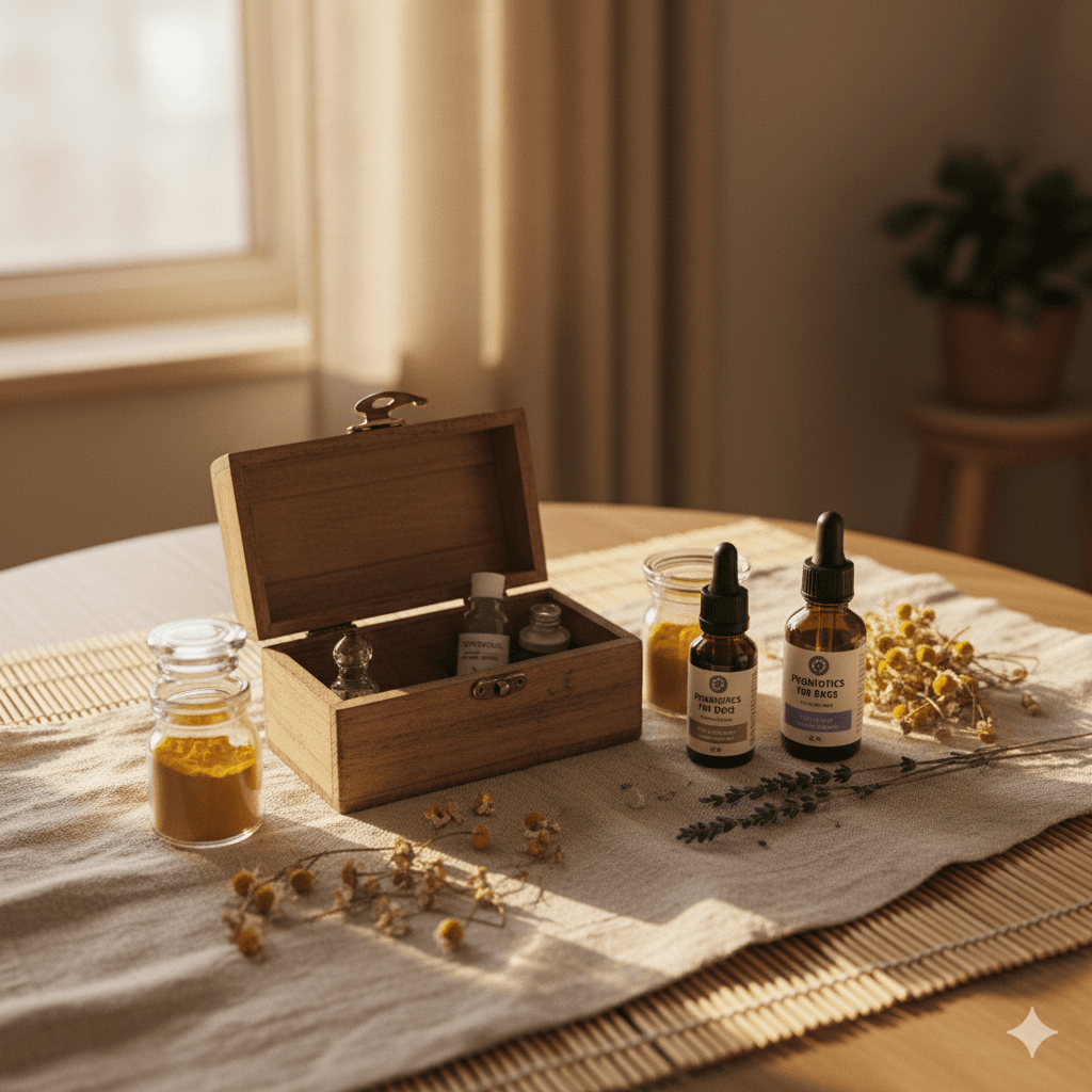 Natural remedies for dogs including turmeric, probiotics, and herbal oils arranged beside a small wooden medicine box.