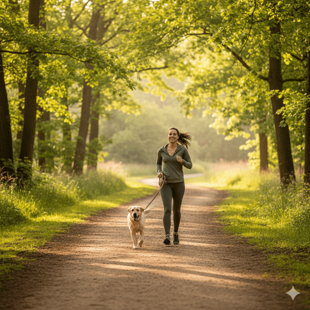 Person jogging or cycling with their dog along a green eco-park trail, enjoying outdoor exercise and sustainable living.